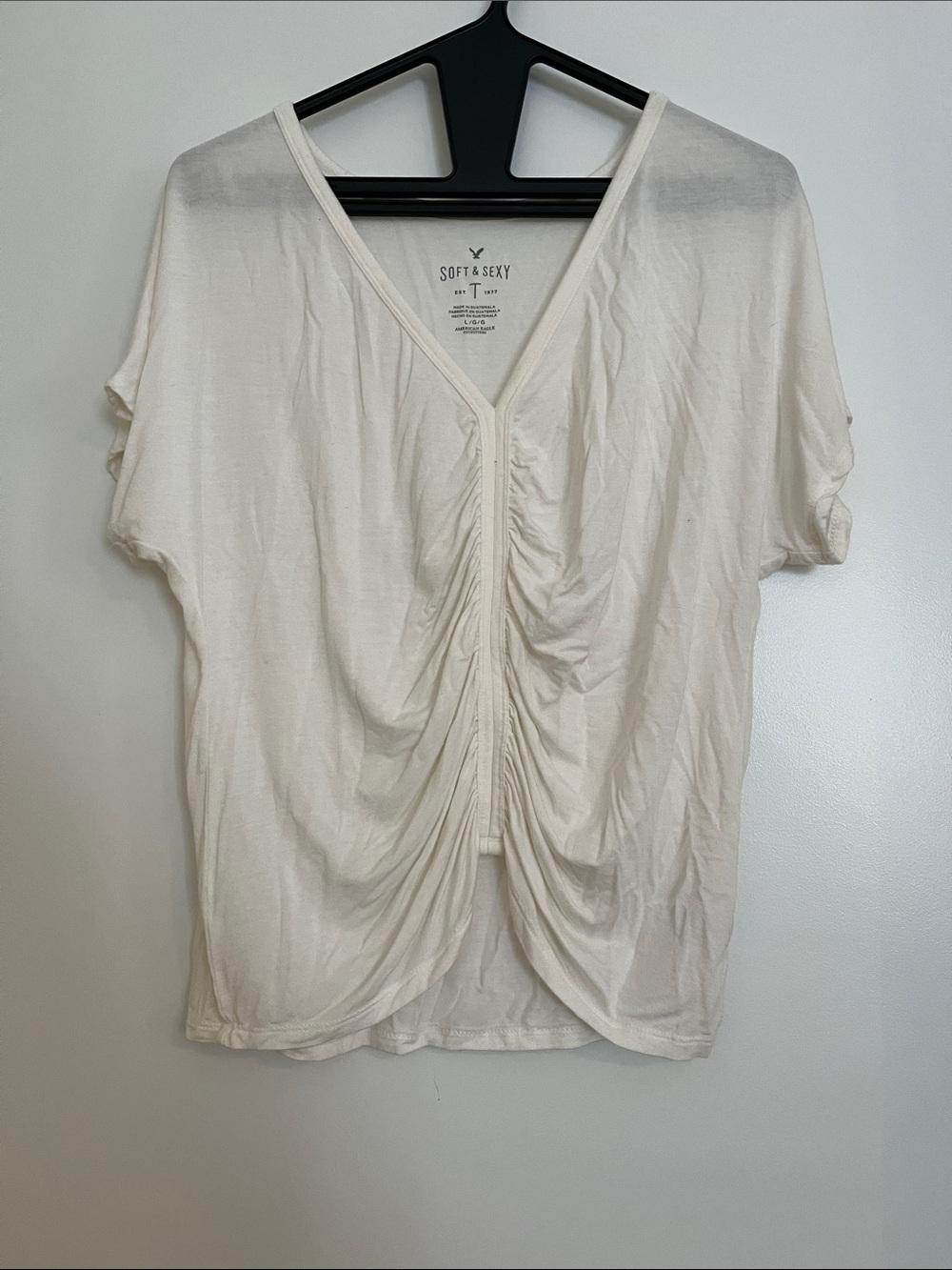 American Eagle Outfitters Cream Ruched Front V-Neck Top
